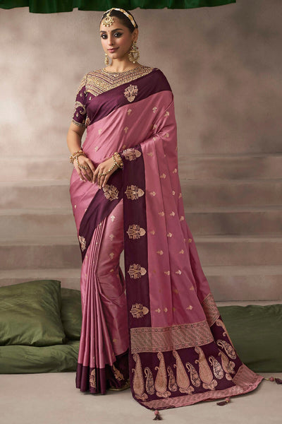 Ineffable Pink Banarasi Satin Silk Saree With Vibrant Blouse