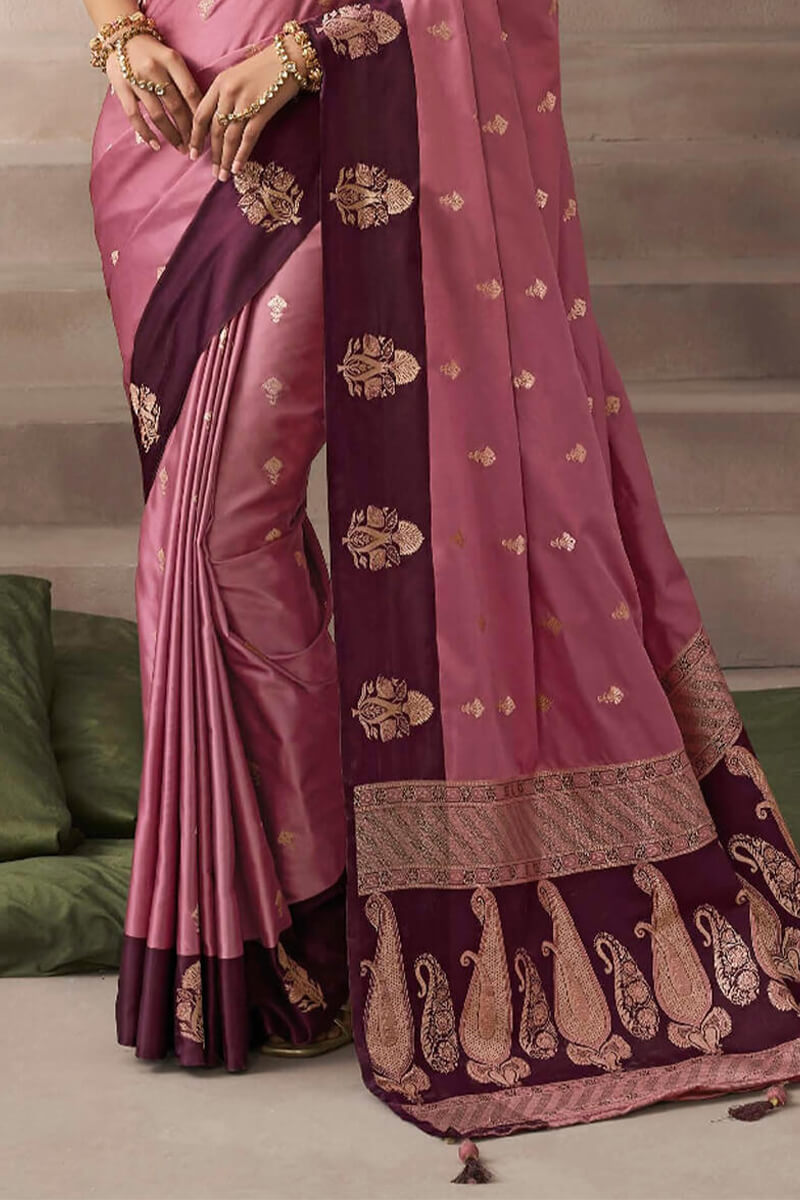 Ineffable Pink Banarasi Satin Silk Saree With Vibrant Blouse