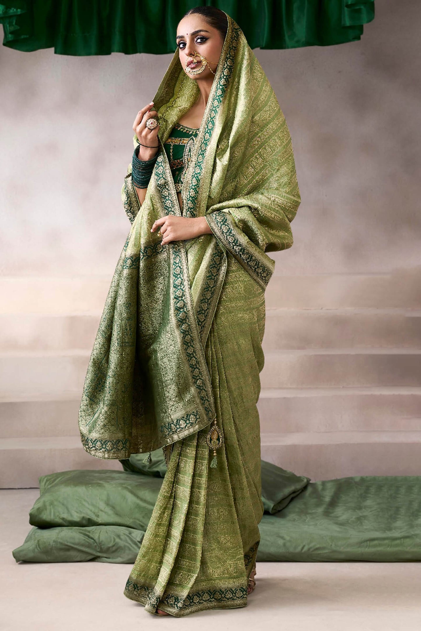 Flamboyant Green Banarasi Satin Silk Saree With Traditional Blouse