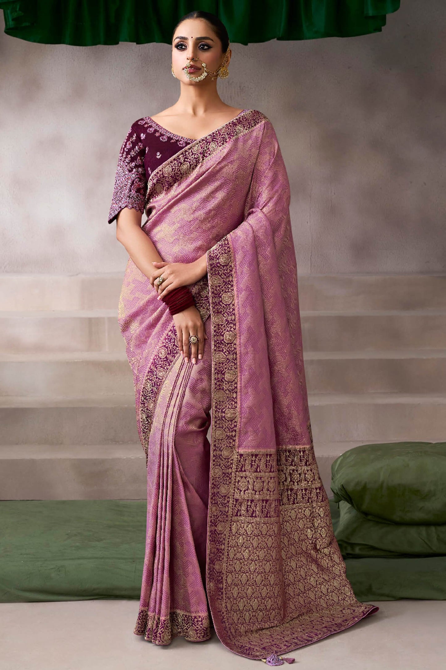 Vestigial Pink Banarasi Satin Silk Saree With Scrumptious Blouse