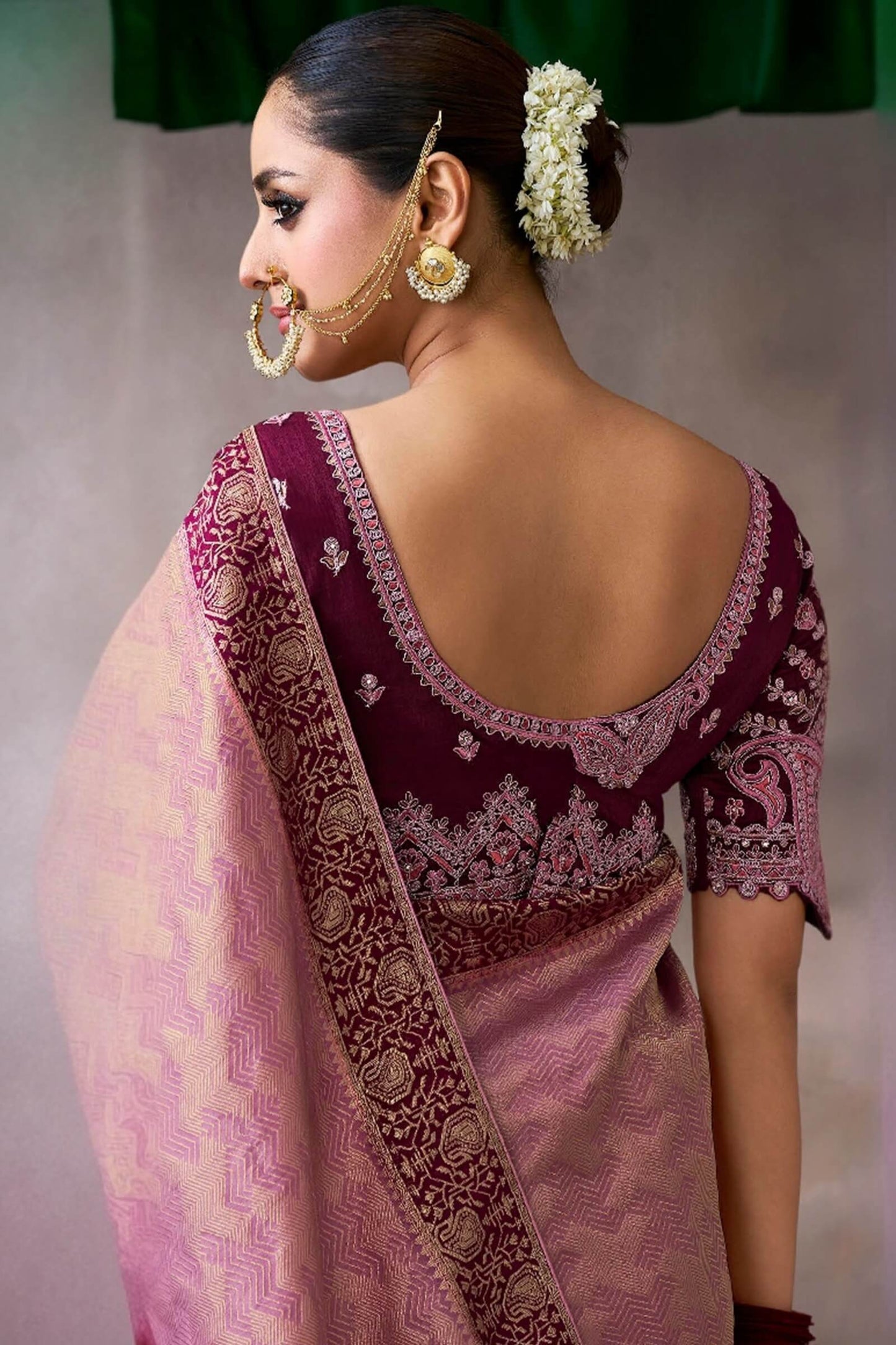 Vestigial Pink Banarasi Satin Silk Saree With Scrumptious Blouse