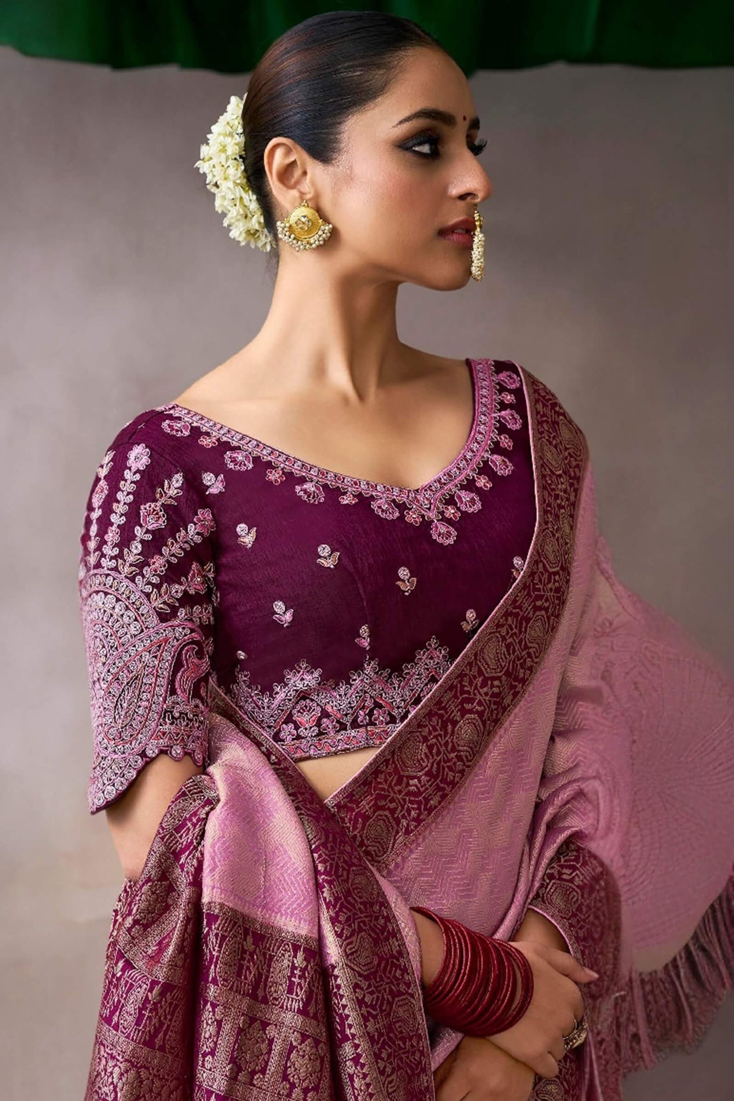 Vestigial Pink Banarasi Satin Silk Saree With Scrumptious Blouse