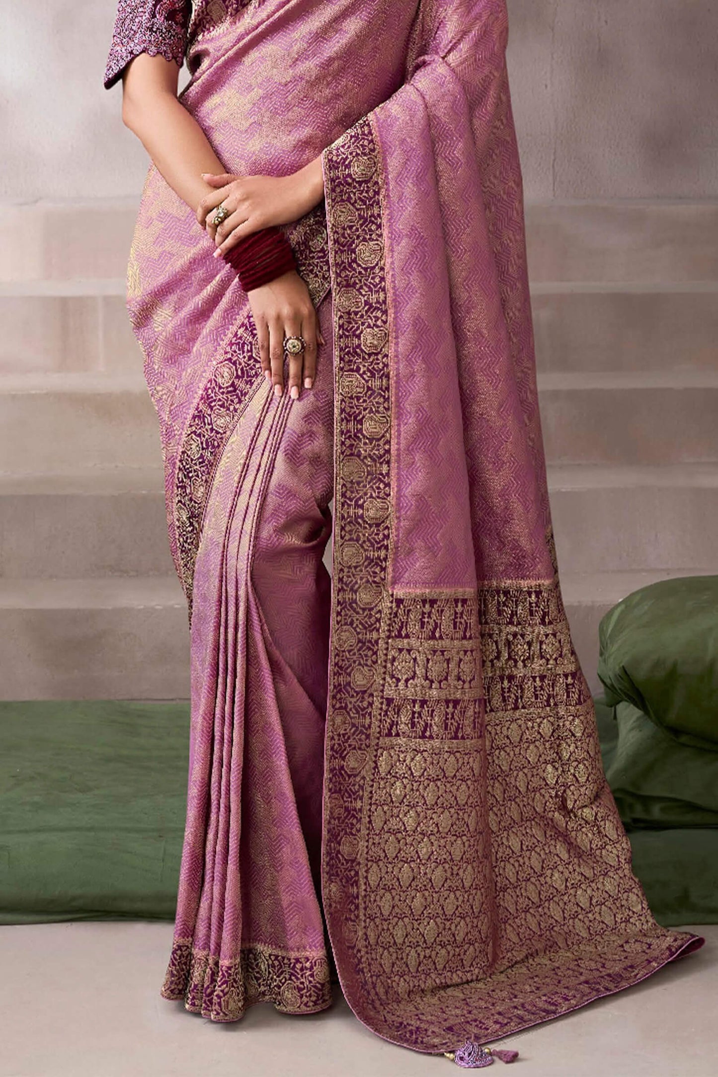 Vestigial Pink Banarasi Satin Silk Saree With Scrumptious Blouse