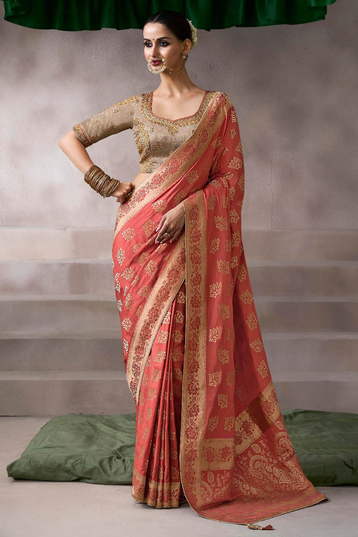Pulsating Peach Banarasi Satin Silk Saree With Demure Blouse