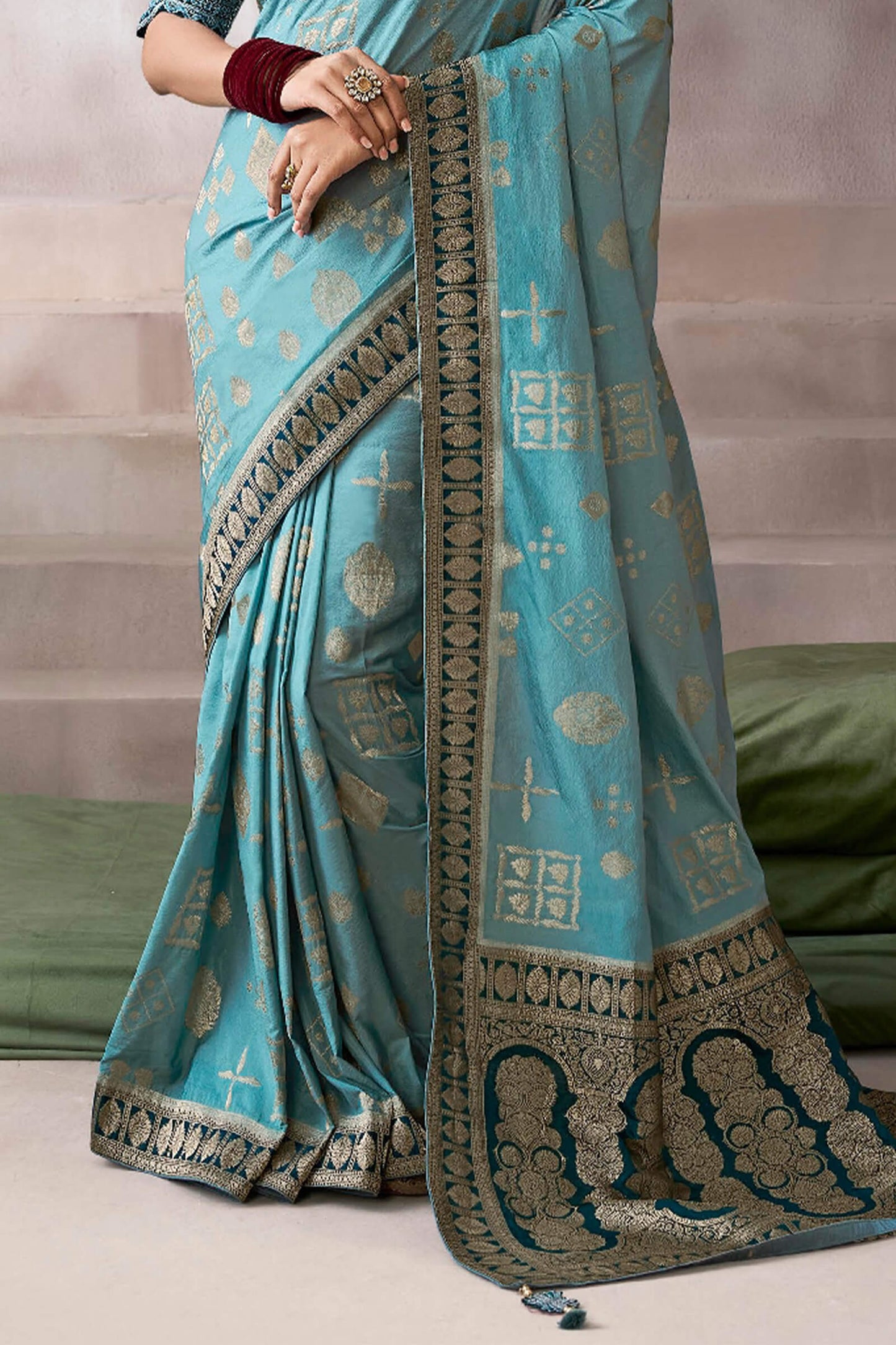 Stylish Firozi Banarasi Satin Silk Saree With Exuberant Blouse