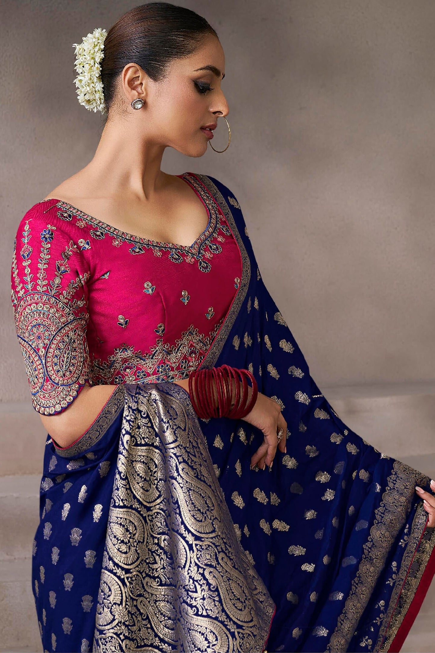 Denouement Navy Blue Banarasi Satin Silk Saree With Lissome Blouse