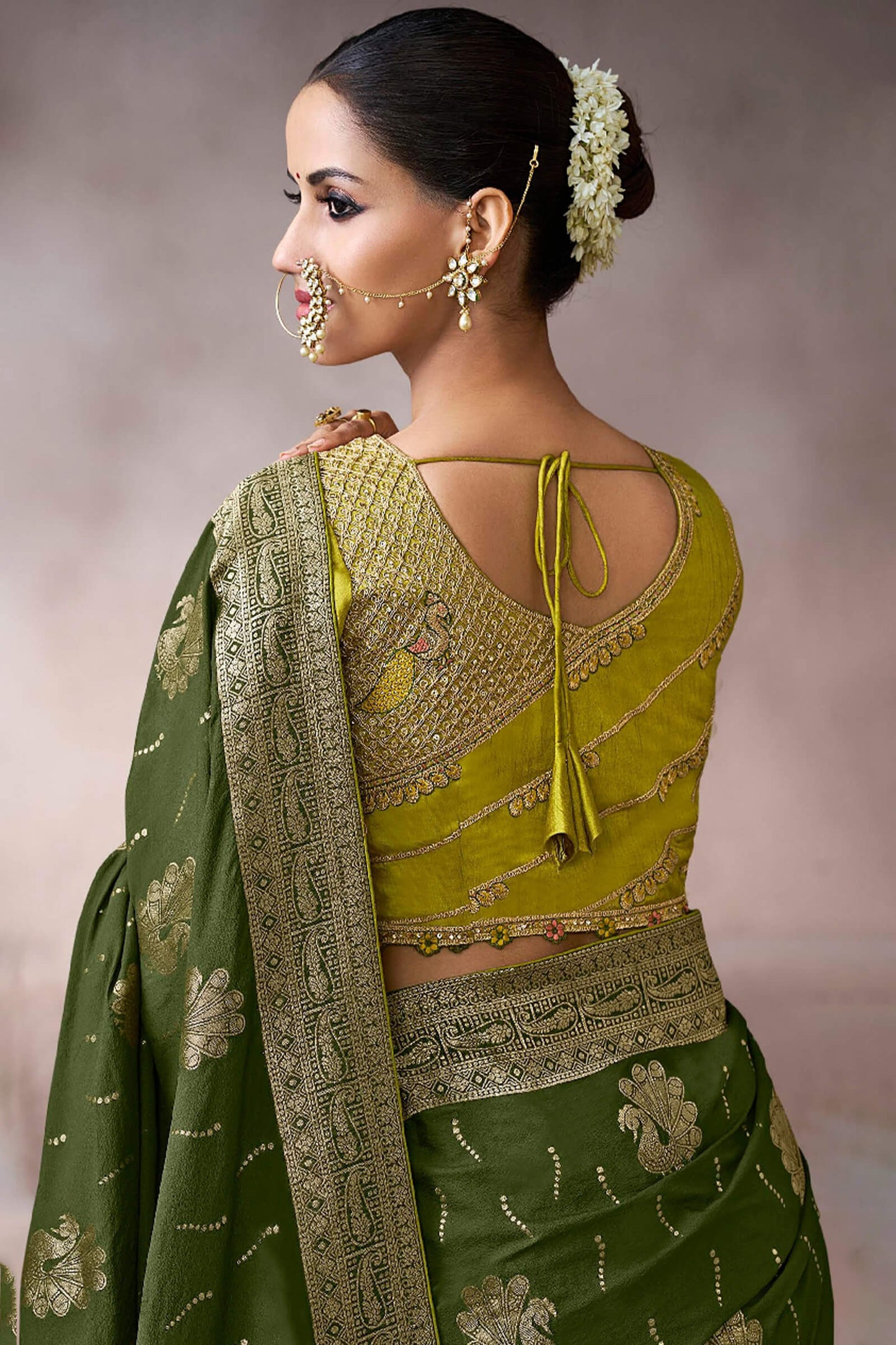 Classic Dark Green Banarasi Satin Silk Saree With Mesmeric Blouse