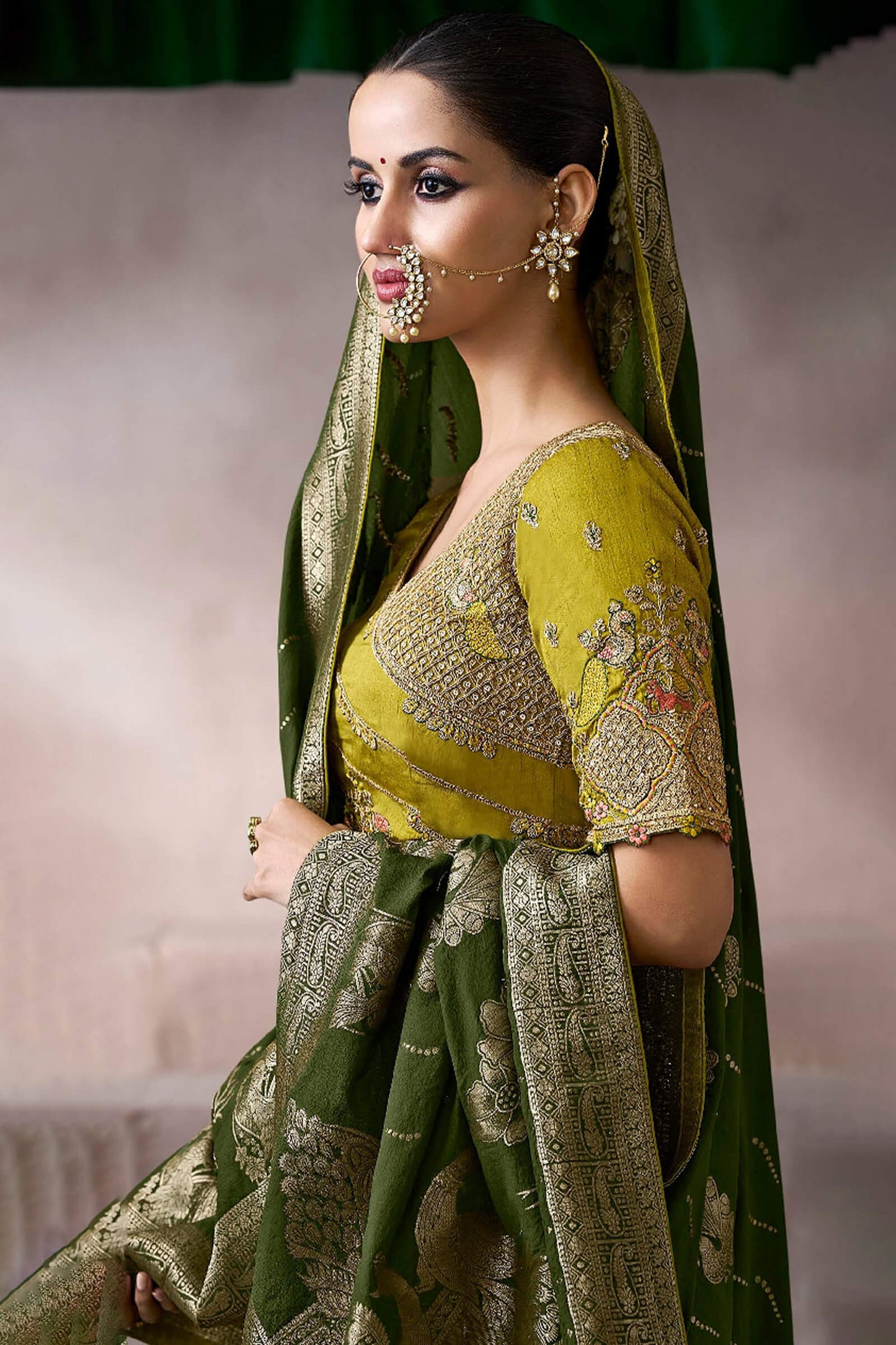 Classic Dark Green Banarasi Satin Silk Saree With Mesmeric Blouse