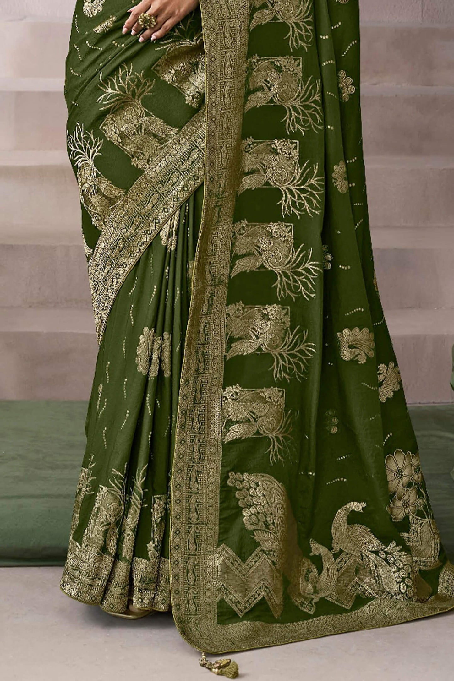 Classic Dark Green Banarasi Satin Silk Saree With Mesmeric Blouse