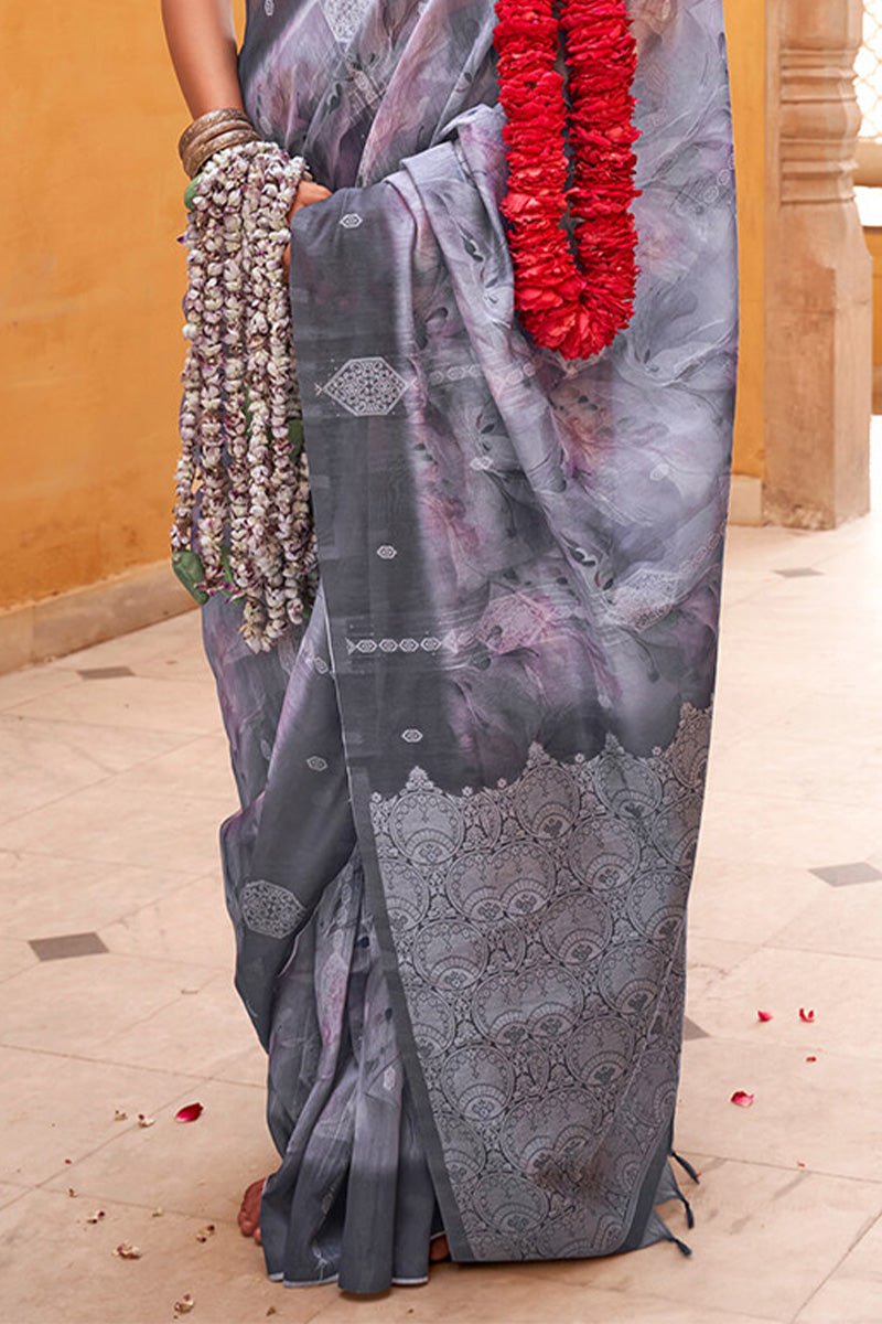 Gleaming Grey Digital Printed Cotton Silk Saree With Delightful Blouse Piece