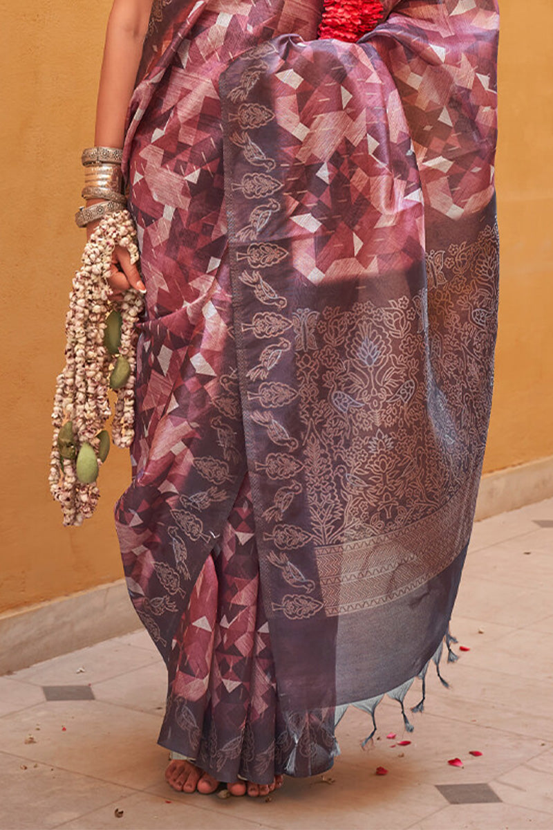 Tremendous Wine Digital Printed Cotton Silk Saree With Amazing Blouse Piece