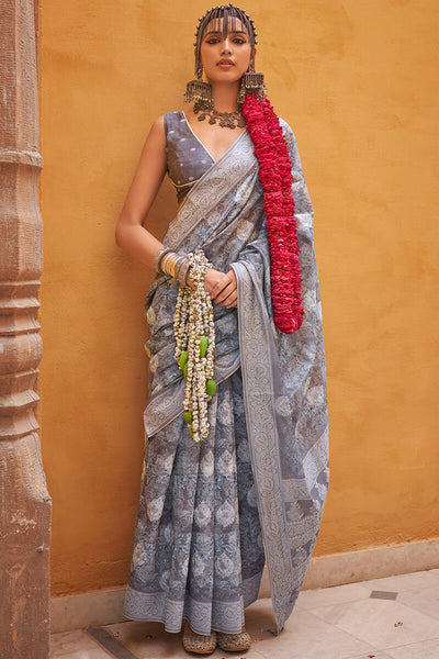Unequalled Grey Digital Printed Cotton Silk Saree With Zephyr Blouse Piece