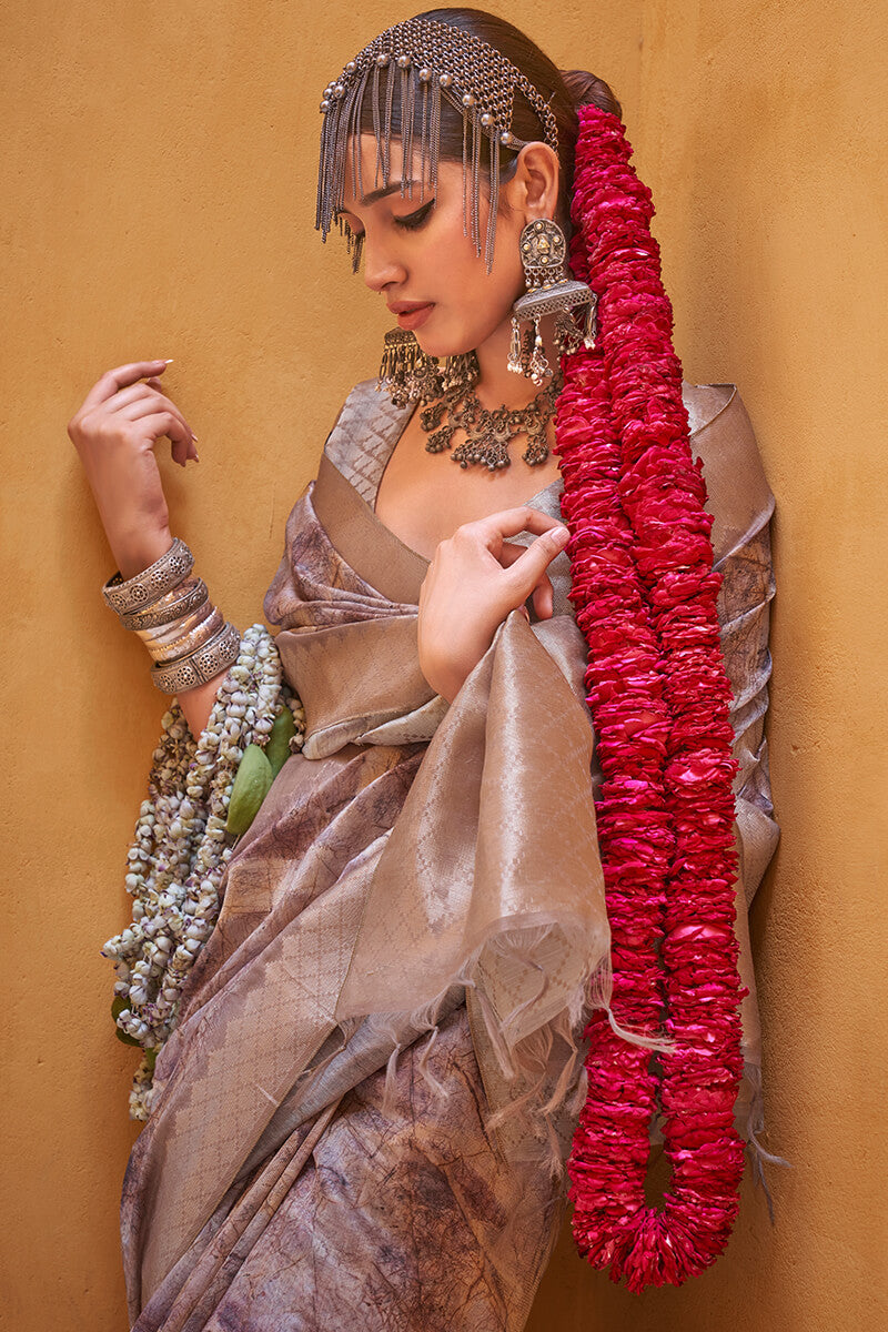 Divine Brown Digital Printed Cotton Silk Saree With Dalliance Blouse Piece