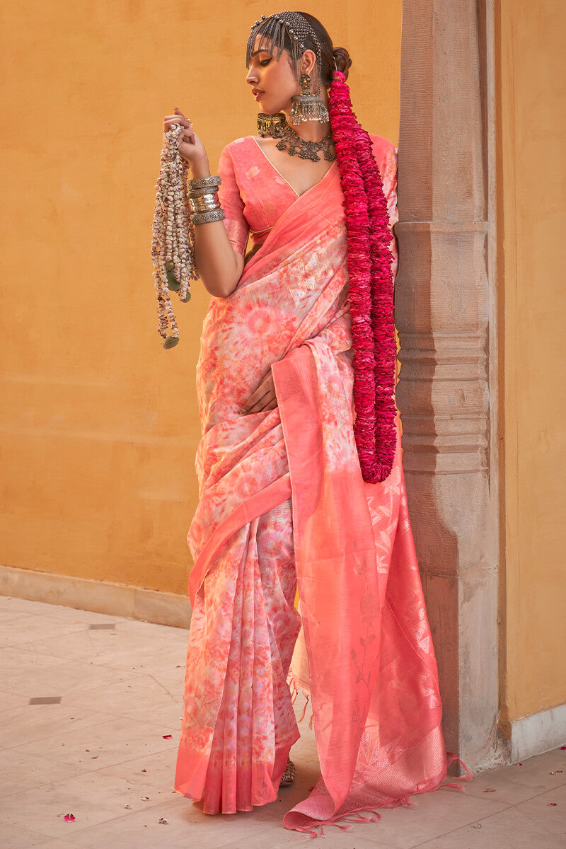 Enticing Peach Digital Printed Cotton Silk Saree With Panache Blouse Piece