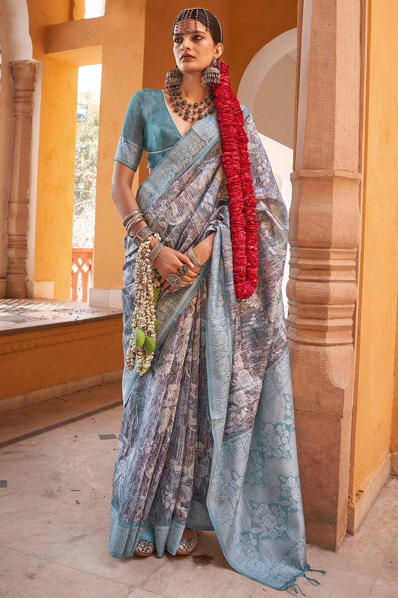Delectable Grey Digital Printed Cotton Silk Saree With Captivating Blouse Piece