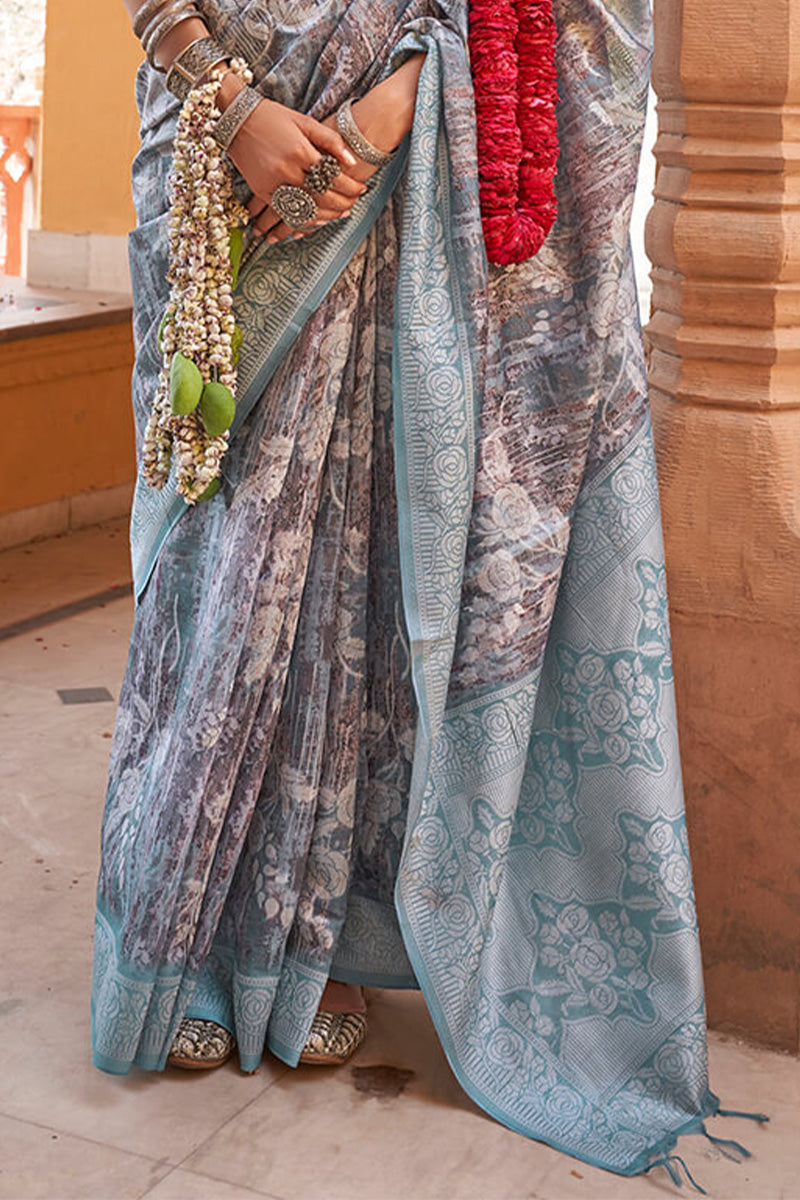 Delectable Grey Digital Printed Cotton Silk Saree With Captivating Blouse Piece