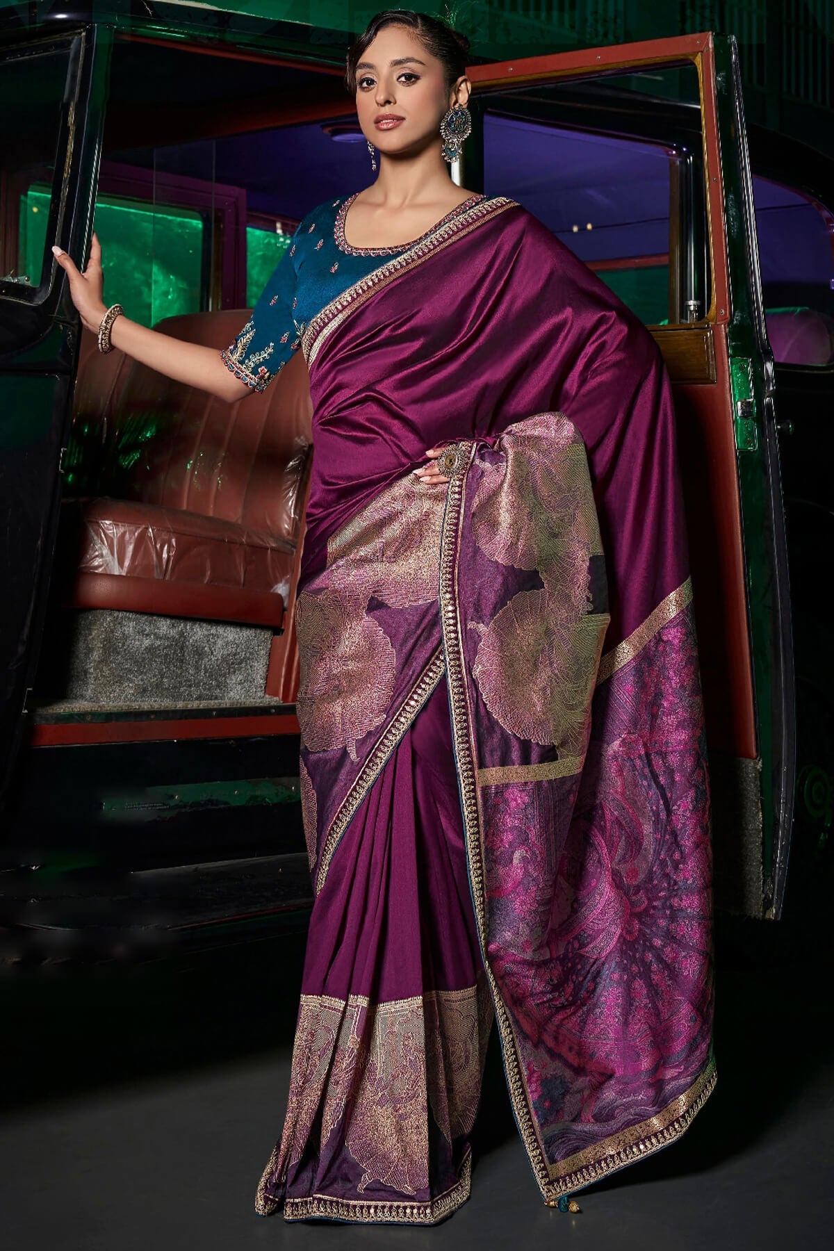 Devastating Purple Banarasi Satin Silk Saree With Embellished Blouse