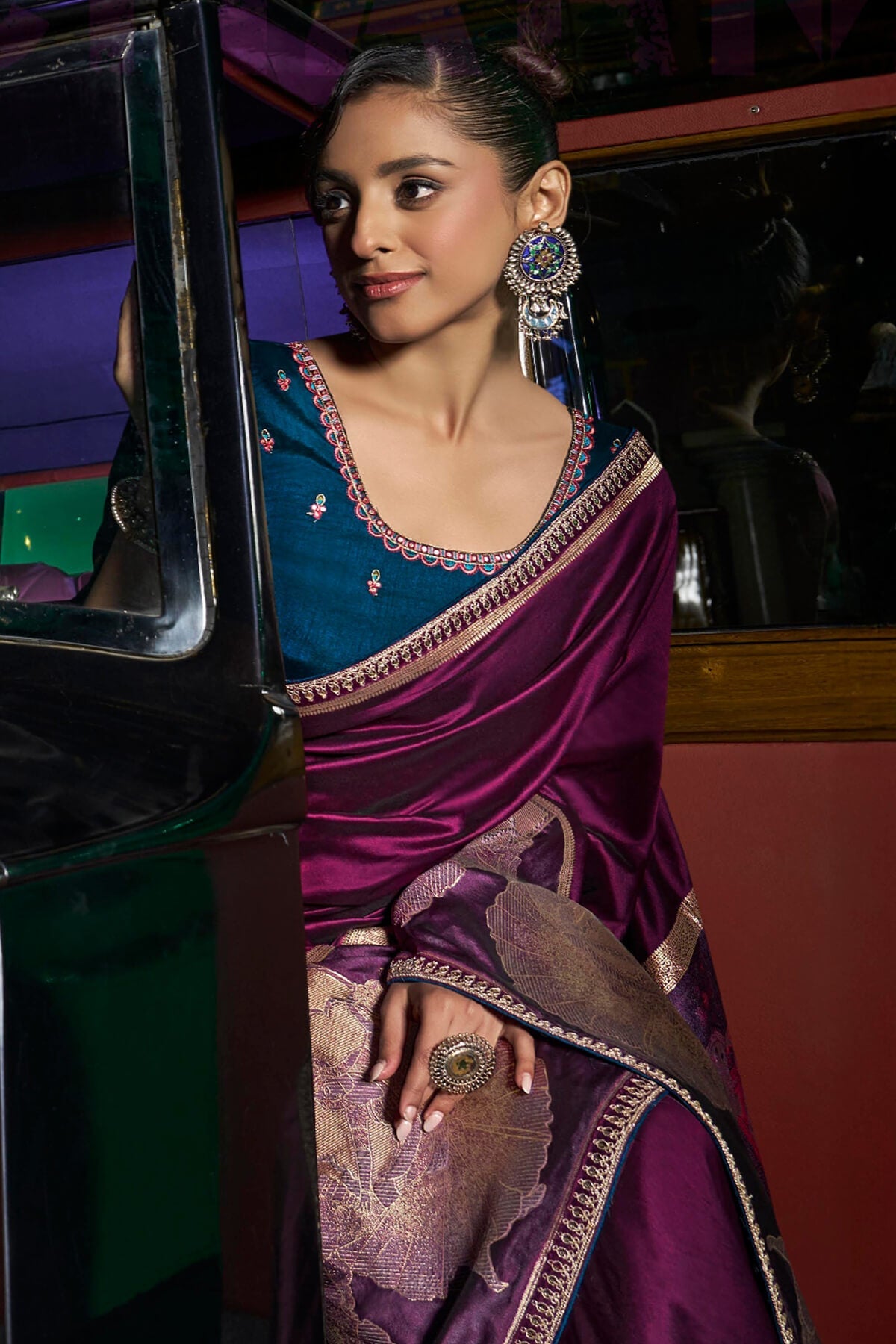 Devastating Purple Banarasi Satin Silk Saree With Embellished Blouse