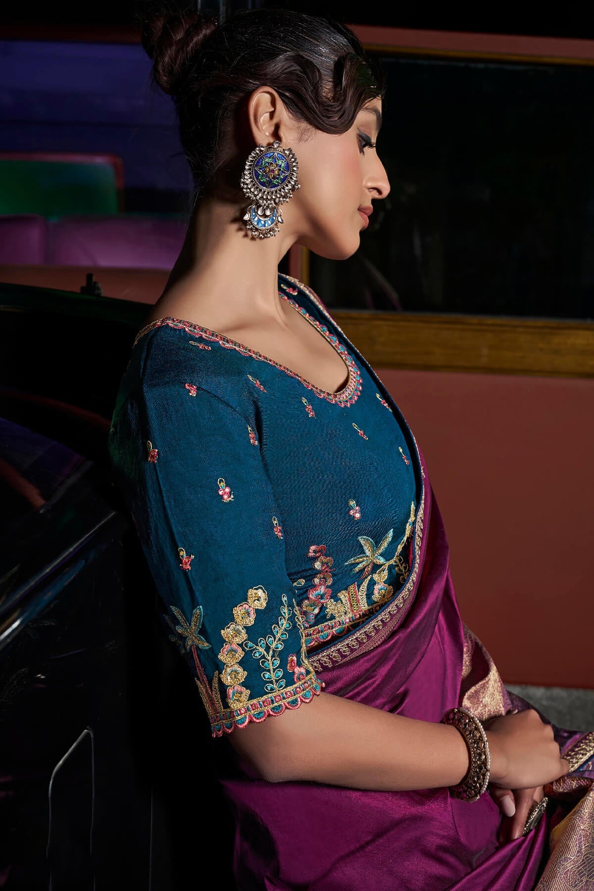 Devastating Purple Banarasi Satin Silk Saree With Embellished Blouse