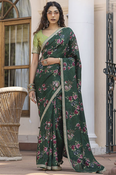 Ratatouille Dark Green Printed Pure Viscose Dola Silk Saree With Exquisite Blouse Piece