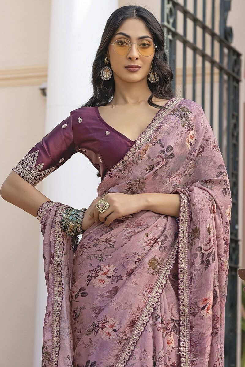 Panoply Lavender Printed Pure Viscose Dola Silk Saree With Magnificat Blouse Piece