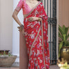 Impressive Red Printed Pure Viscose Dola Silk Saree With Classic Blouse Piece