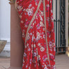 Impressive Red Printed Pure Viscose Dola Silk Saree With Classic Blouse Piece