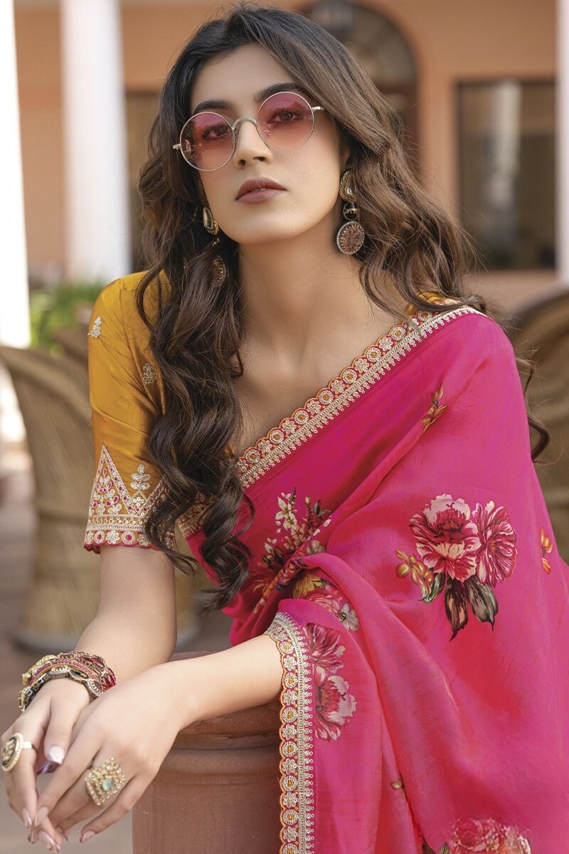 Flameboyant Dark Pink Printed Pure Viscose Dola Silk Saree With Staggering Blouse Piece