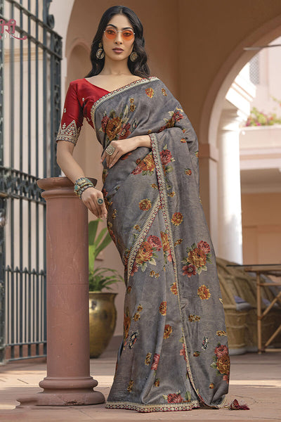 Wonderful Grey Printed Pure Viscose Dola Silk Saree With Most Flattering Blouse Piece