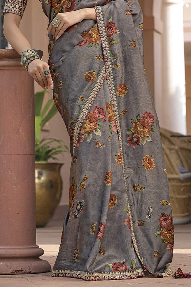 Wonderful Grey Printed Pure Viscose Dola Silk Saree With Most Flattering Blouse Piece