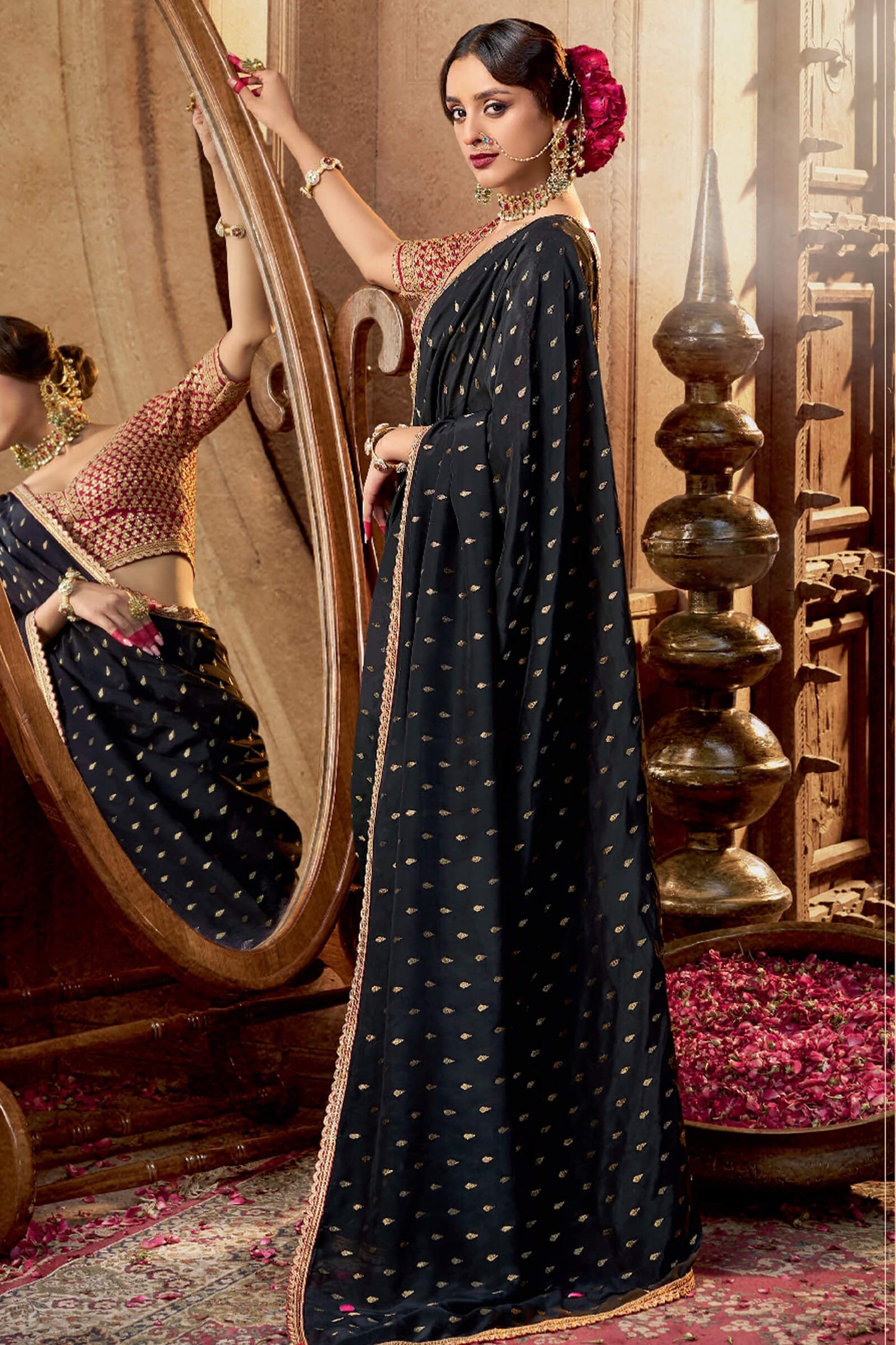 Deserving Black Pure Viscose Crape Silk Saree With Glowing Blouse Piece