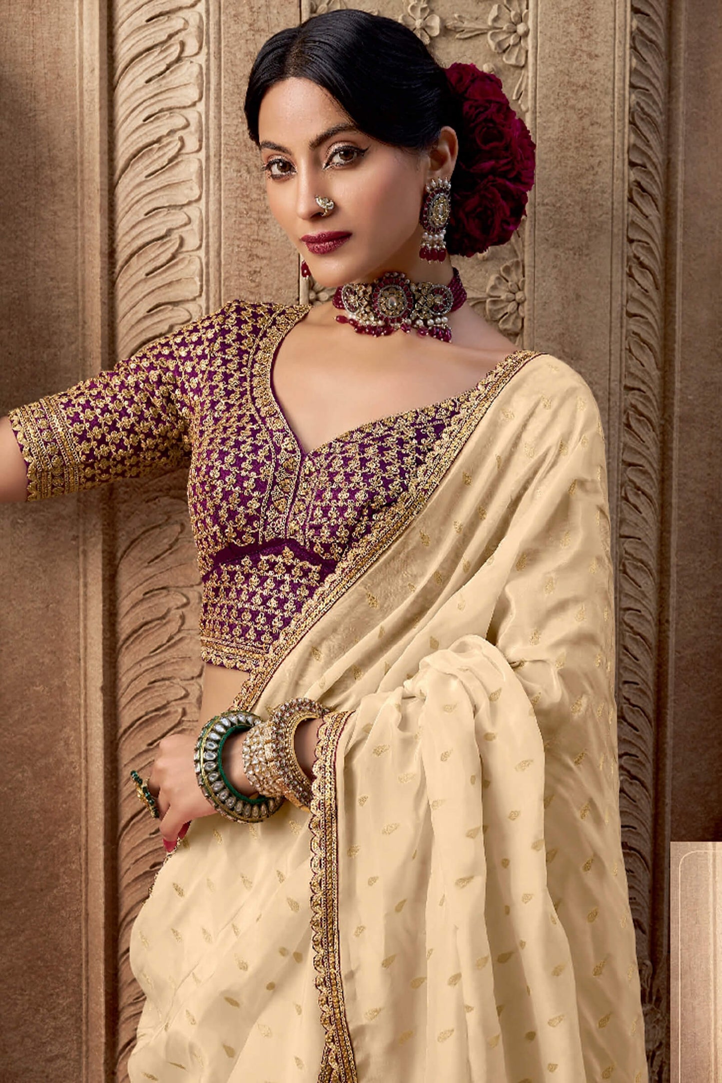 Artistic Beige Pure Viscose Crape Silk Saree With Inimitable Blouse Piece