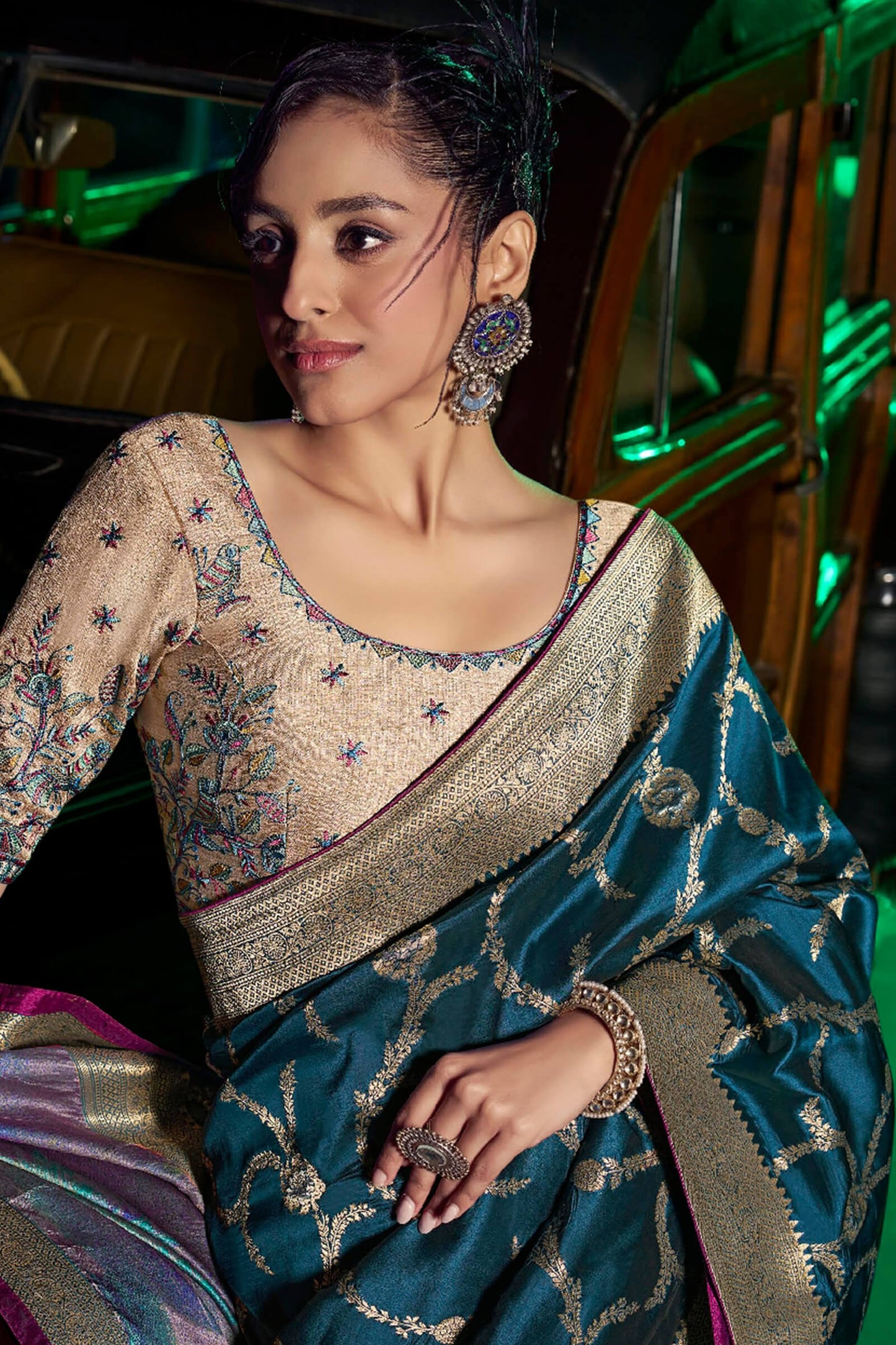 Ideal Rama Soft Banarasi Silk Saree With Sizzling Blouse Piece