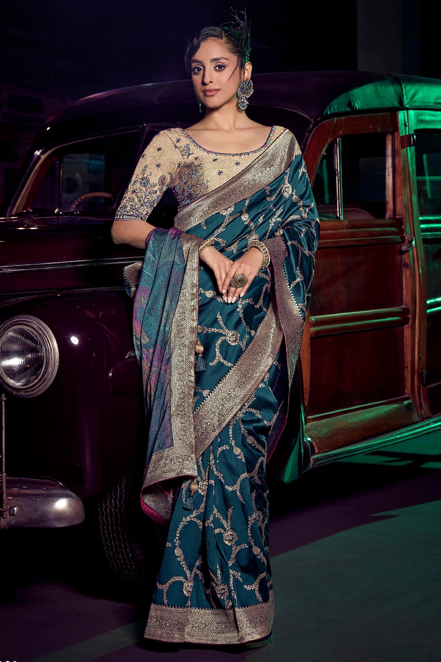 Ideal Rama Soft Banarasi Silk Saree With Sizzling Blouse Piece