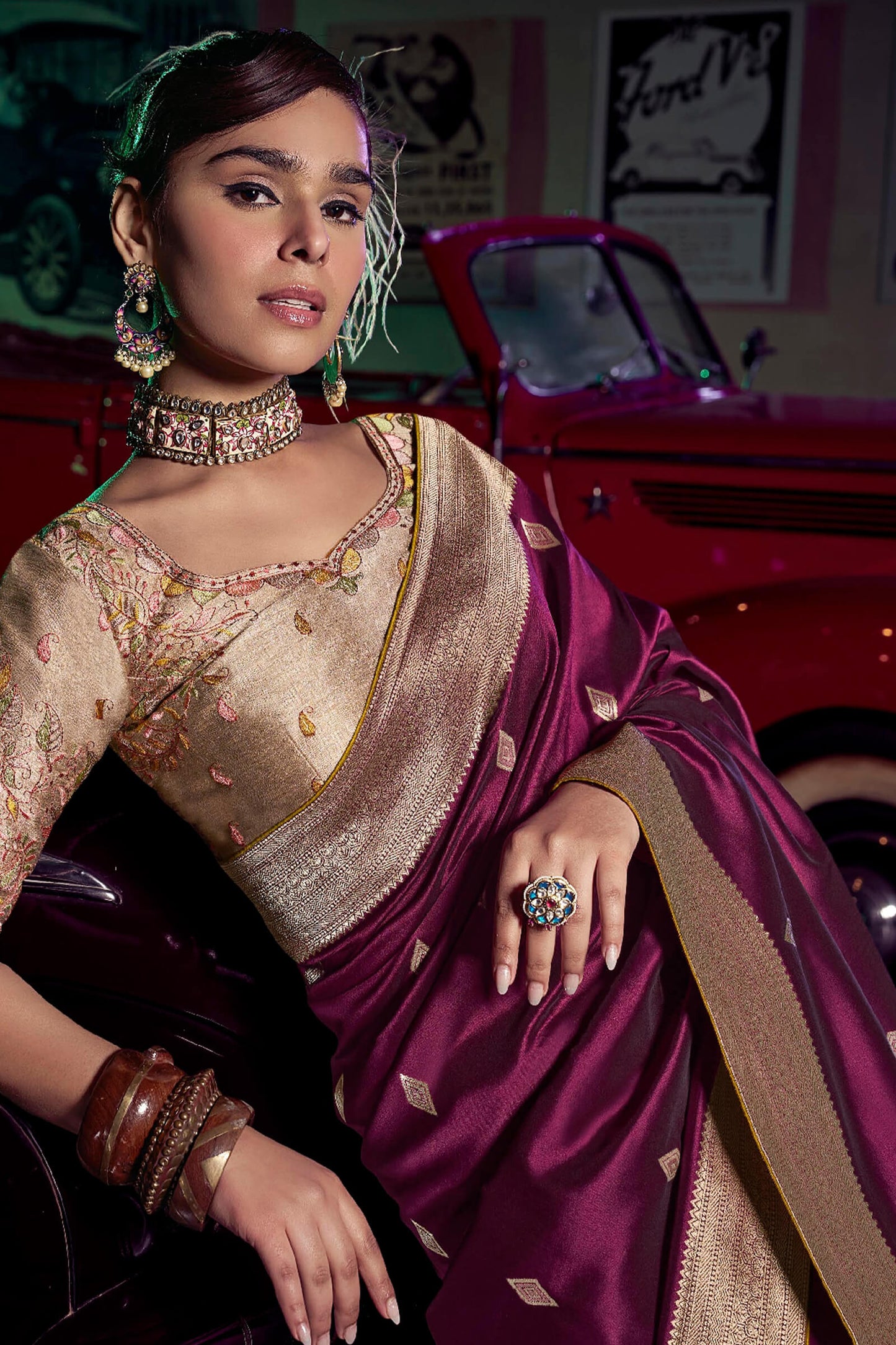 Symmetrical Wine Soft Banarasi Silk Saree With Evocative Blouse Piece