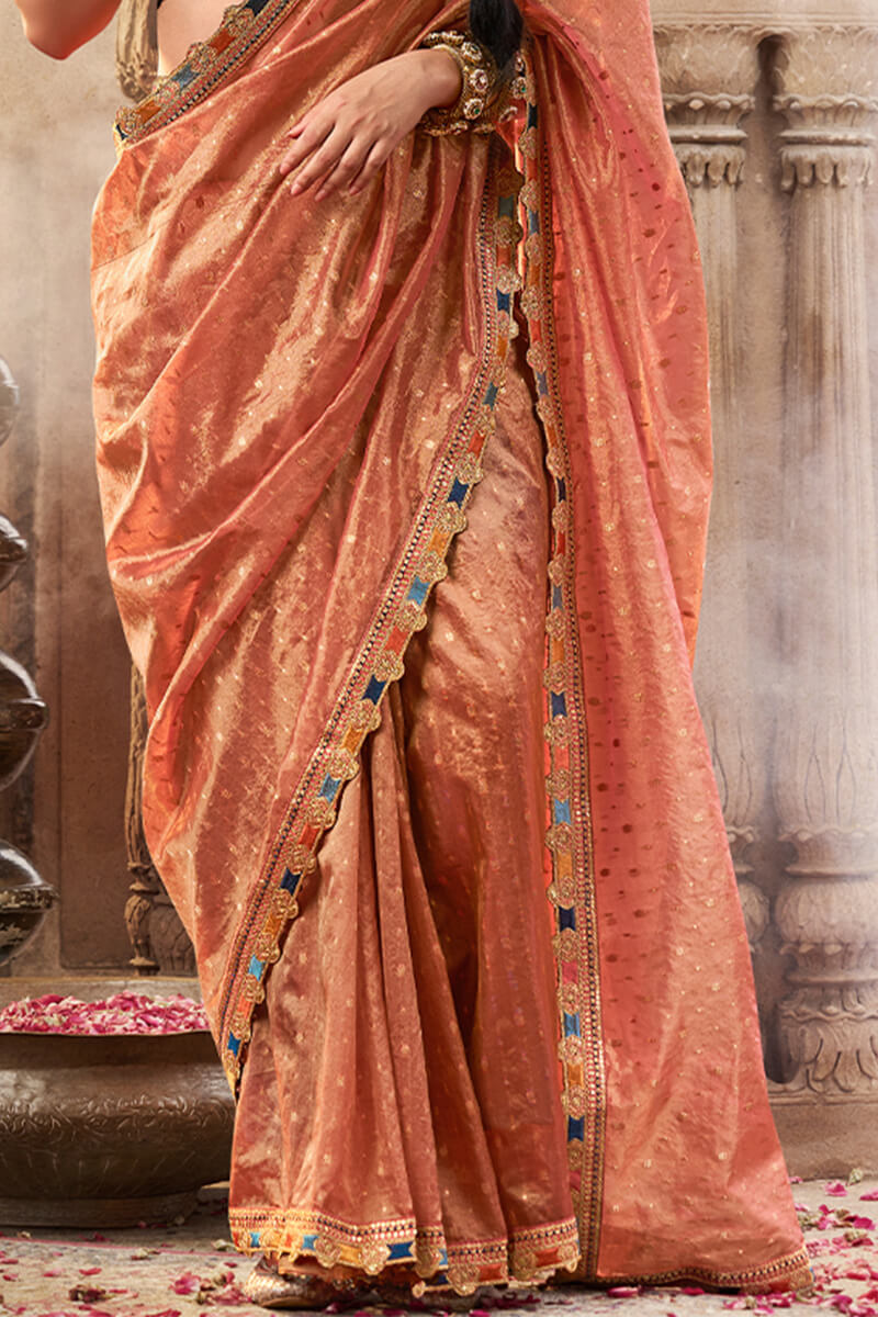 Felicitous Peach Pure Tissue Banarasi Silk Saree With Desiring Blouse Piece