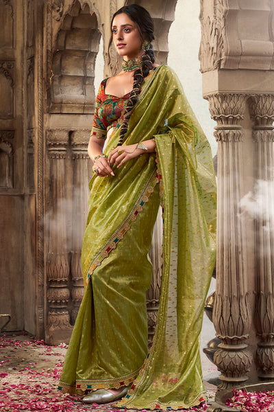 Flameboyant Mehndi Pure Tissue Banarasi Silk Saree With Majestic Blouse Piece