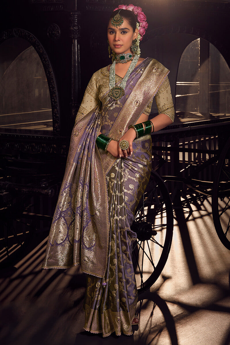 Invaluable Lavender Pure Viscose Tissue Banrasi Silk Saree With Groovy Blouse Piece