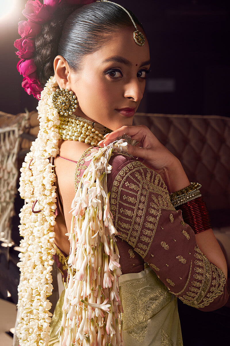 Refreshing Beige Pure Viscose Tissue Banrasi Silk Saree With Whimsical Blouse Piece