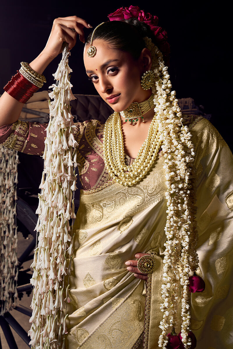 Refreshing Beige Pure Viscose Tissue Banrasi Silk Saree With Whimsical Blouse Piece