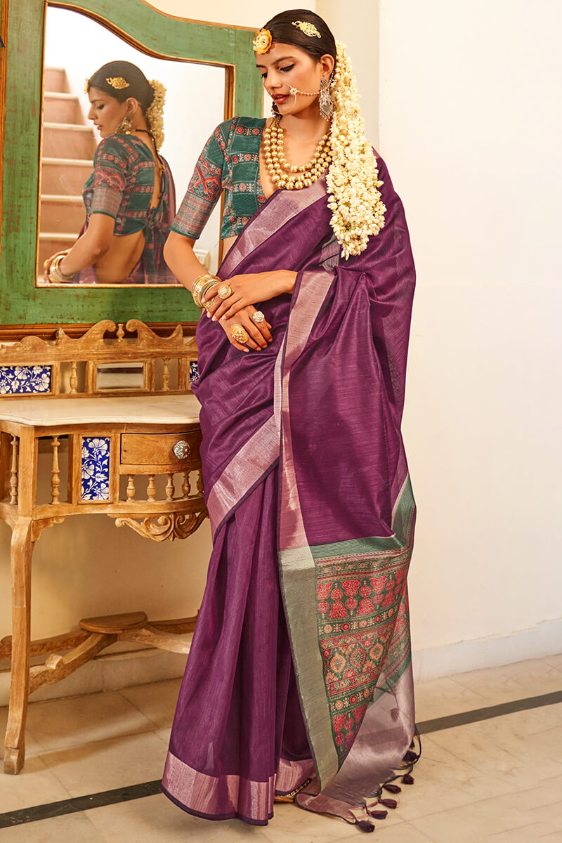 Supernal Purple Cotton Silk Saree With Dulcet Blouse Piece