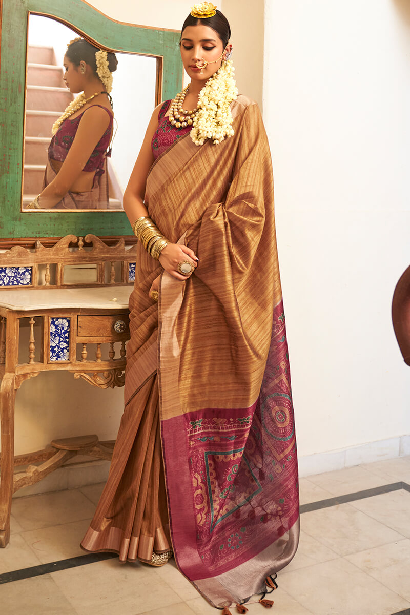 Trendy Brown Cotton Silk Saree With Delectable Blouse Piece
