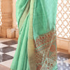 Embrocation Turquoise Cotton Silk Saree With Blooming Blouse Piece