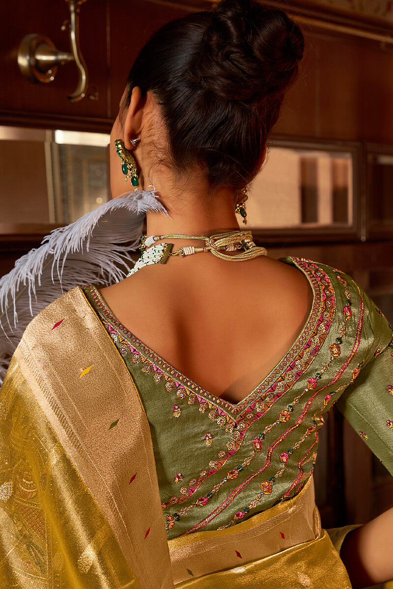 Elaborate Mustard Paithani Silk Saree With Serendipity Blouse Piece