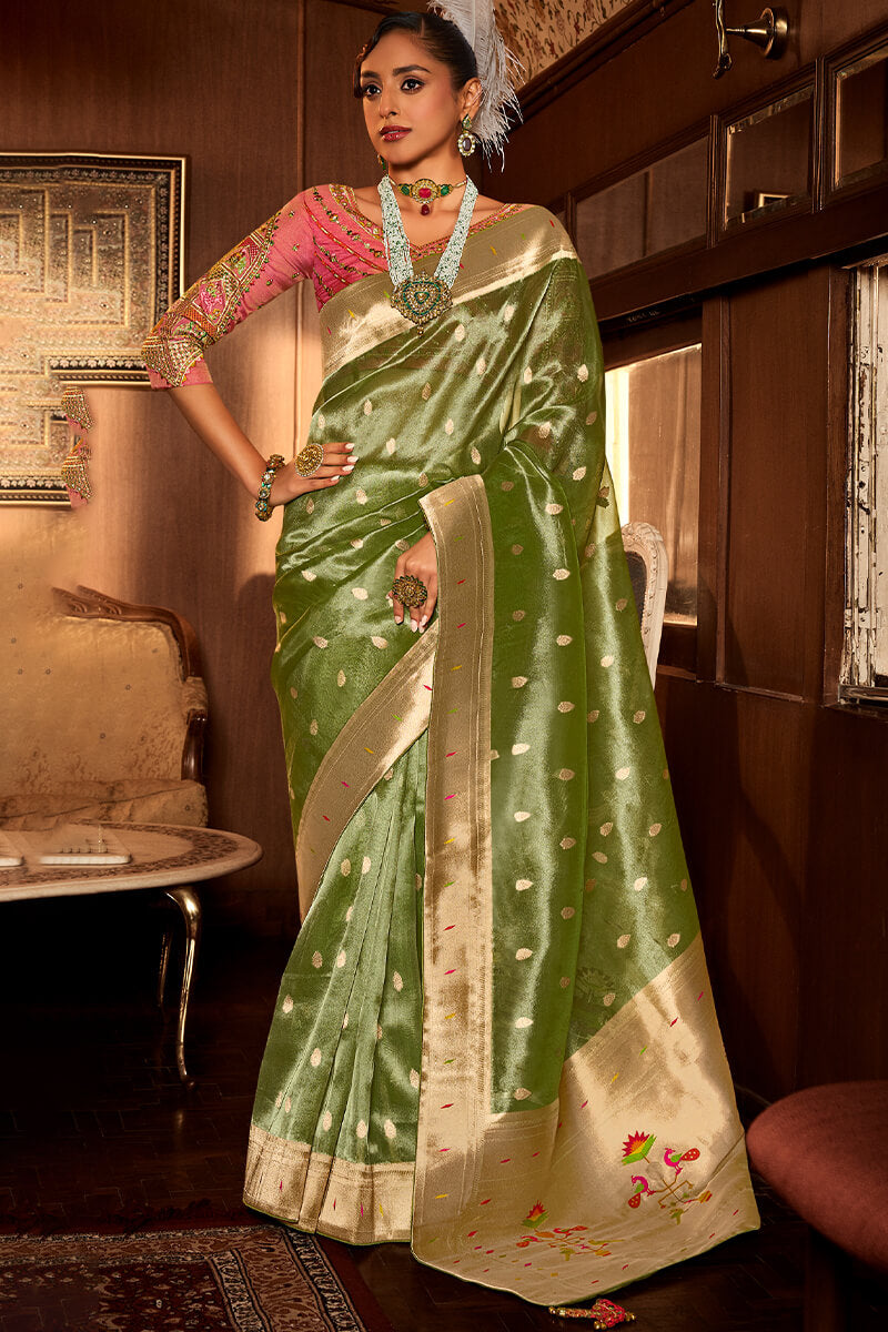 Fugacious Green Paithani Silk Saree With Amazing Blouse Piece