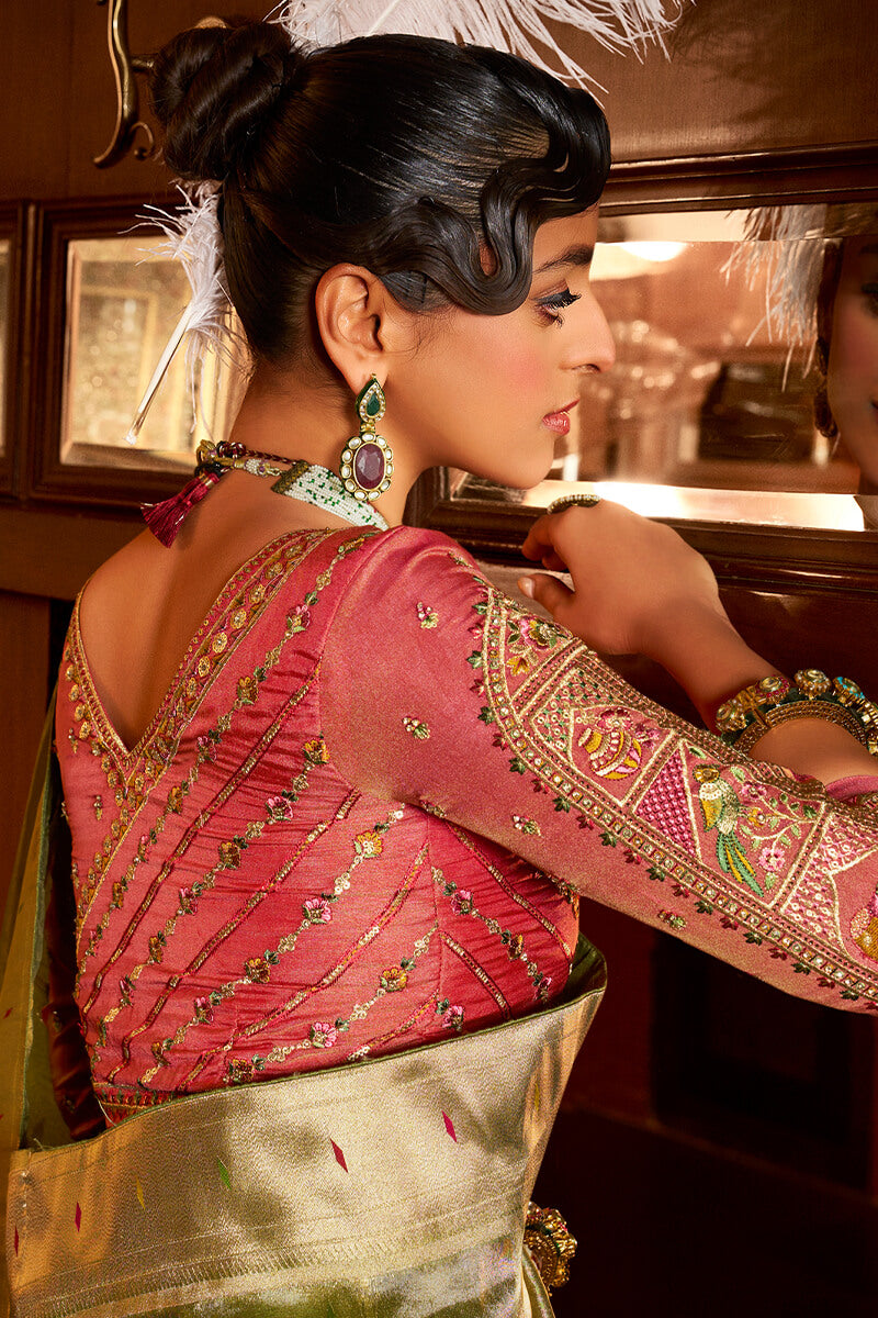 Fugacious Green Paithani Silk Saree With Amazing Blouse Piece