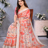 Luxury Beige Linen Saree with Vibrant Orange Paisley & Floral Artistic Border | Premium Printed Linen Designer Saree