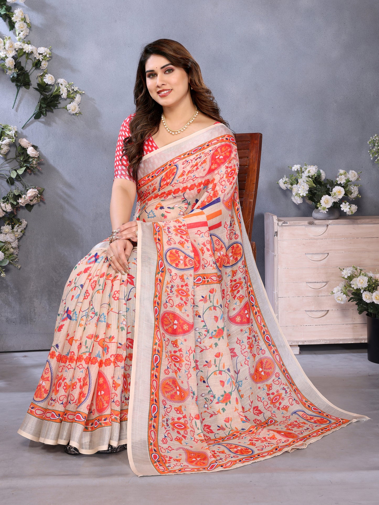 Luxury Beige Linen Saree with Vibrant Orange Paisley & Floral Artistic Border | Premium Printed Linen Designer Saree