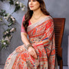 Luxury Beige Linen Saree with Vibrant Orange Paisley & Floral Artistic Border | Premium Printed Linen Designer Saree