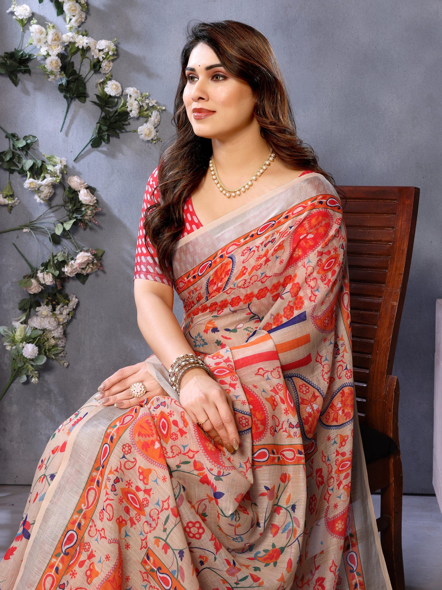 Luxury Beige Linen Saree with Vibrant Orange Paisley & Floral Artistic Border | Premium Printed Linen Designer Saree